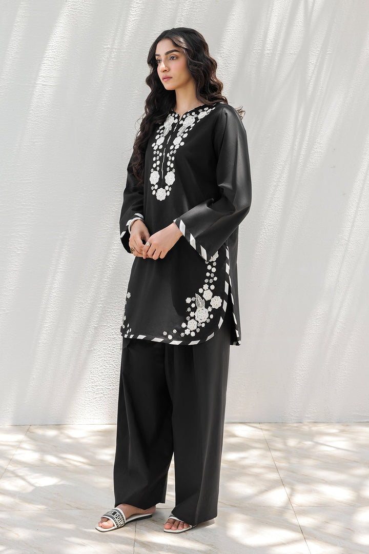 Embroidered Cotton Black & White Stitched Suit - Charizma