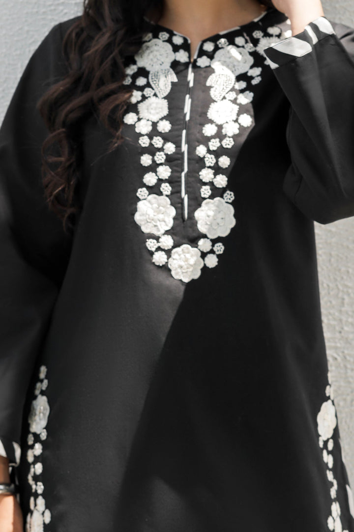 Embroidered Cotton Black & White Stitched Suit - Charizma