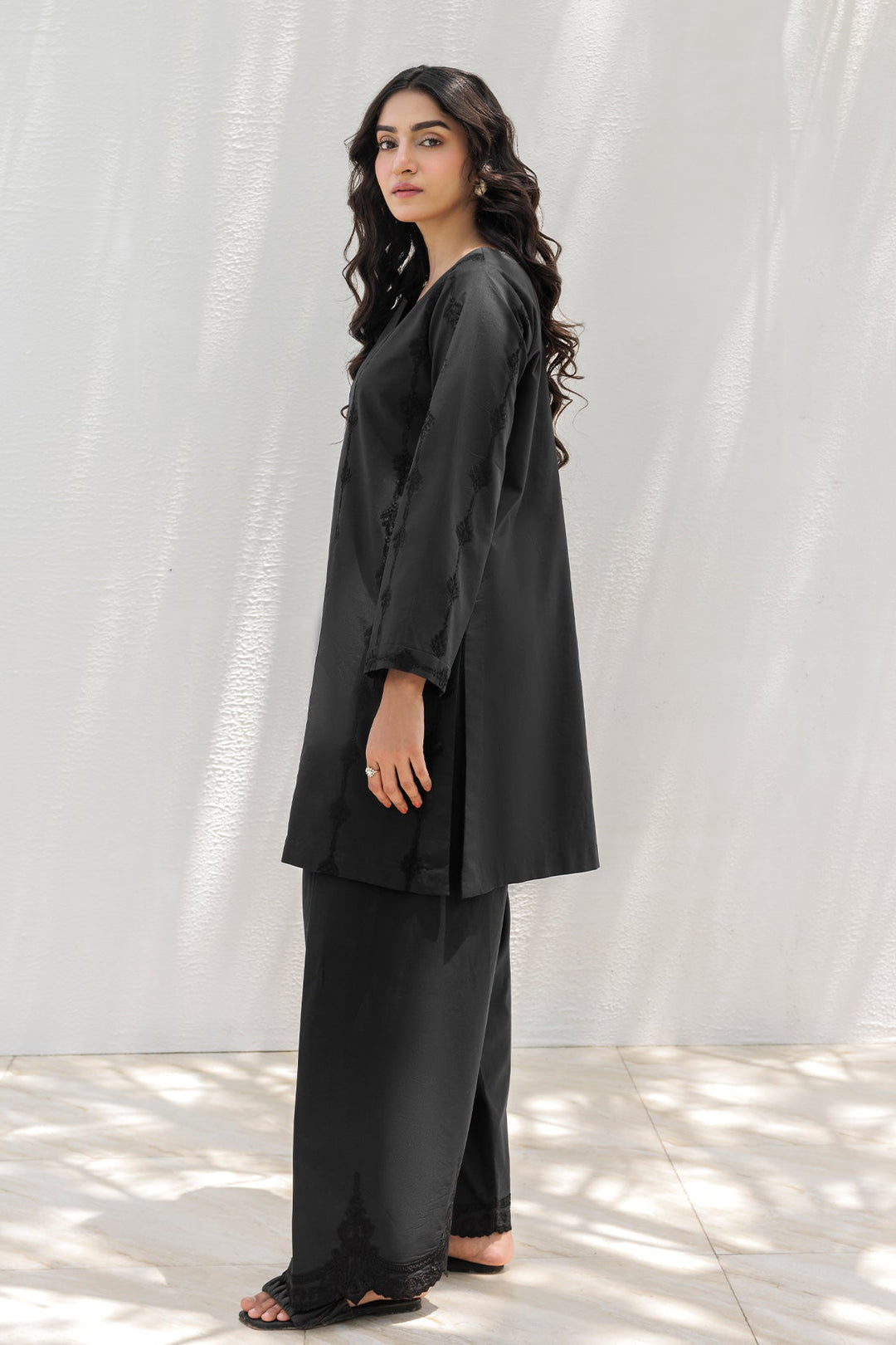 Embroidered Cotton Black & White Stitched Suit - Charizma