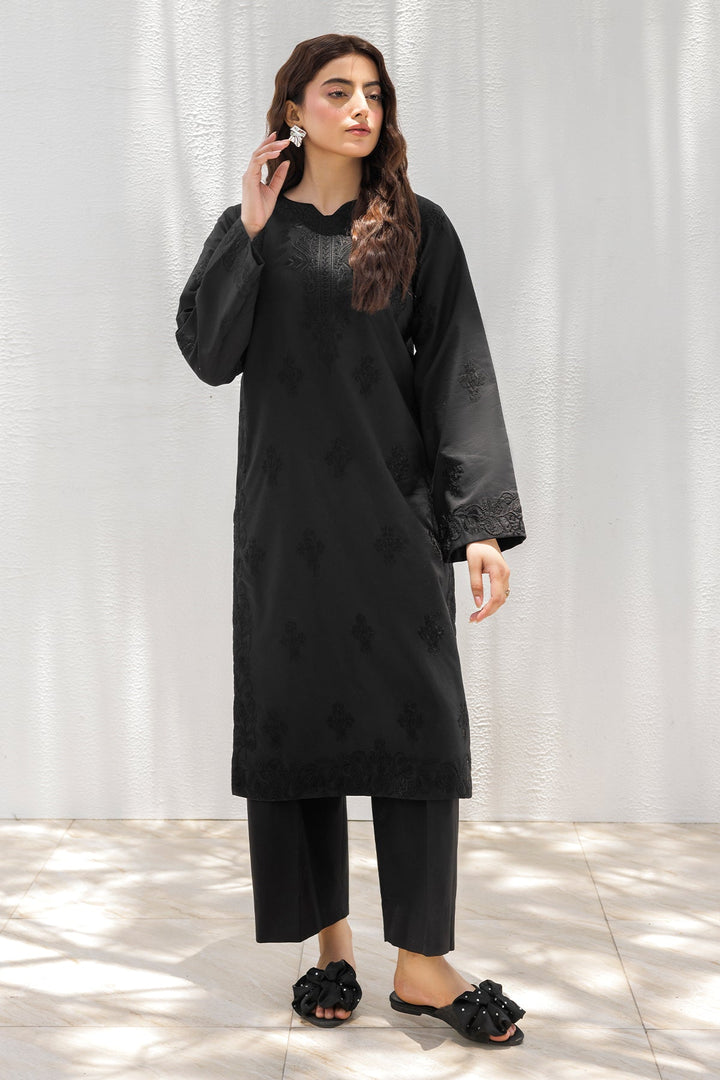 Embroidered Cotton Black & White Stitched Suit - Charizma