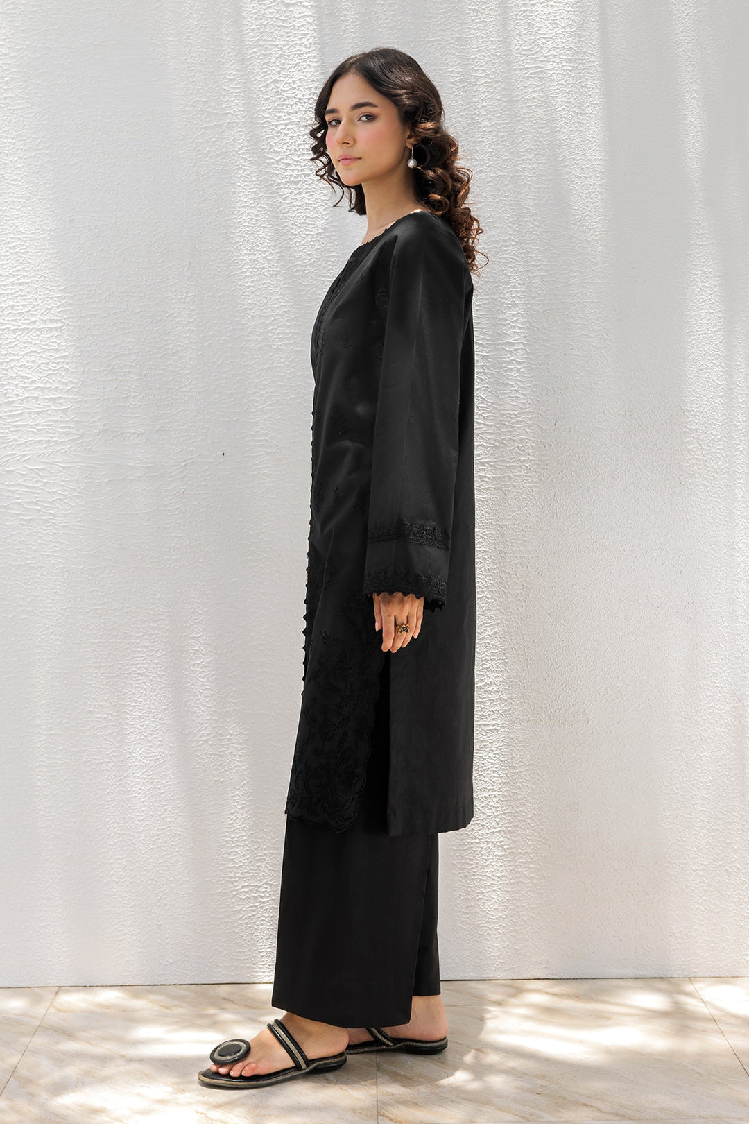 Embroidered Cotton Black & White Stitched Suit - Charizma