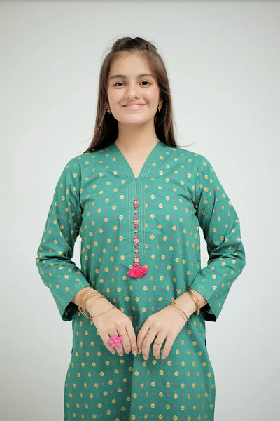 Cotton Lawn Printed Teal Stitched Suit - Senorita