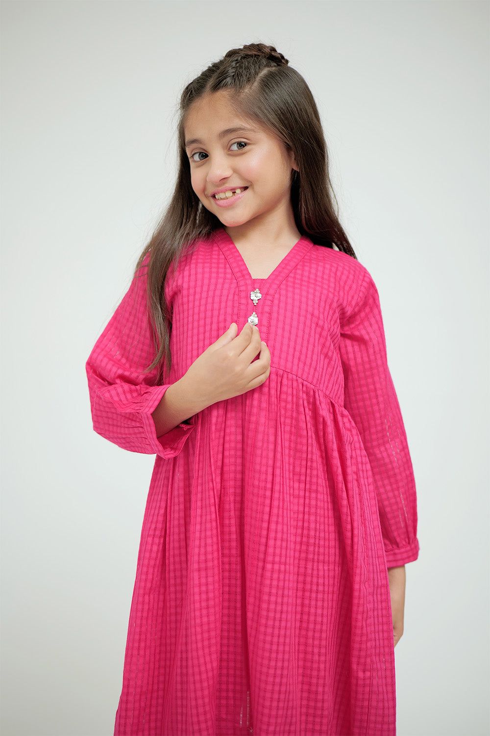 Cotton Self Dobby Check Shocking Pink Stitched Suit - Senorita