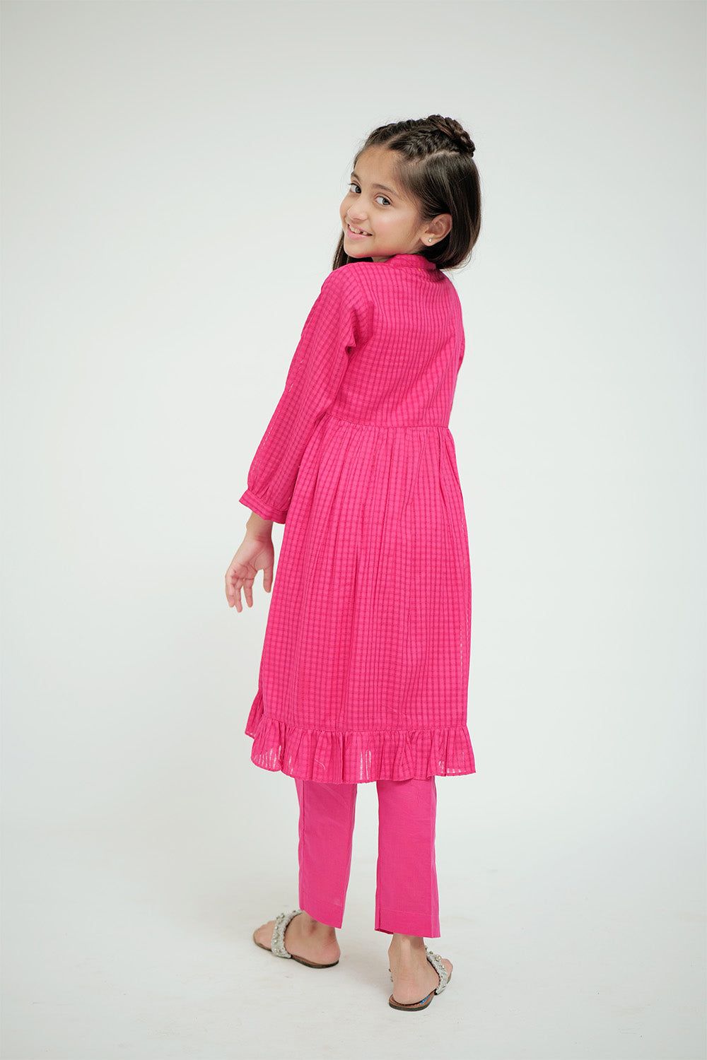 Cotton Self Dobby Check Shocking Pink Stitched Suit - Senorita