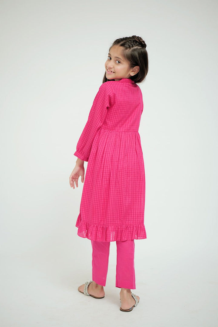 Cotton Self Dobby Check Shocking Pink Stitched Suit - Senorita