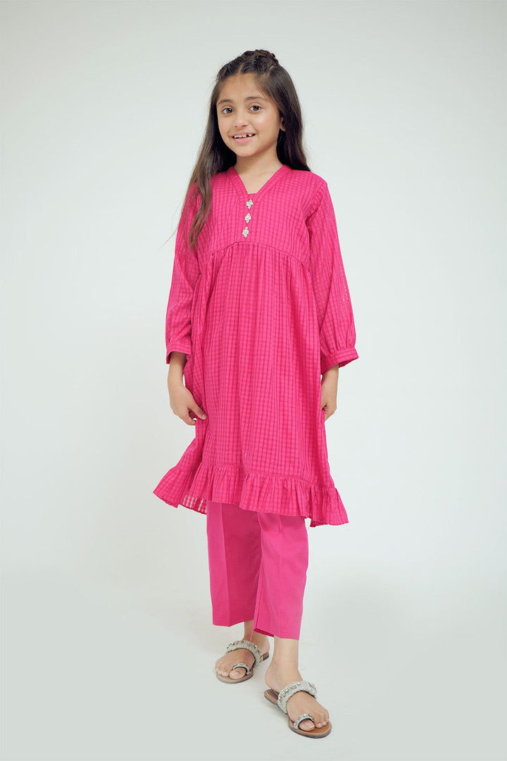 Cotton Self Dobby Check Shocking Pink Stitched Suit - Senorita