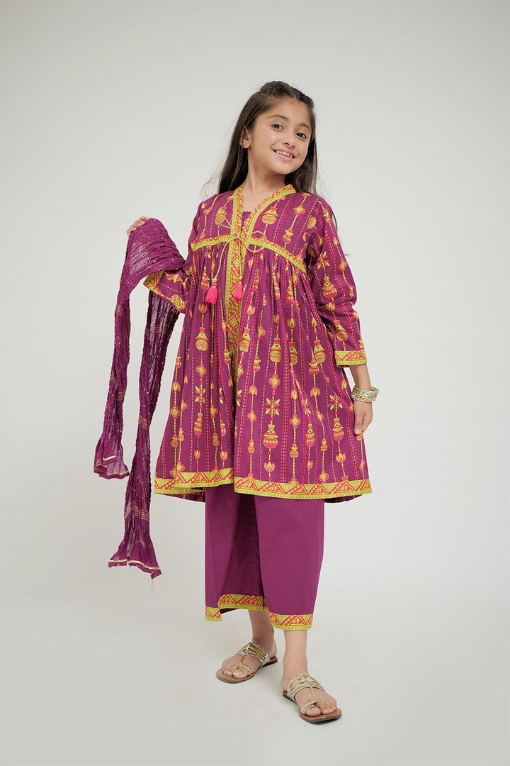 Cotton Gold Print Lawn Magenta Stitched Suit - Senorita