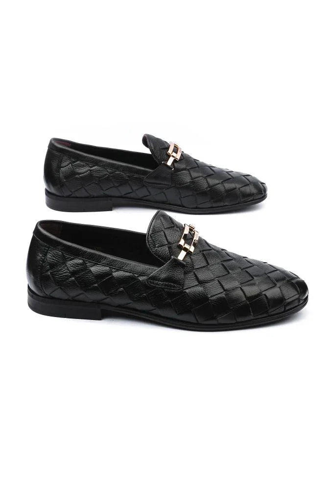 Leather Formal Black Shoes - Logo