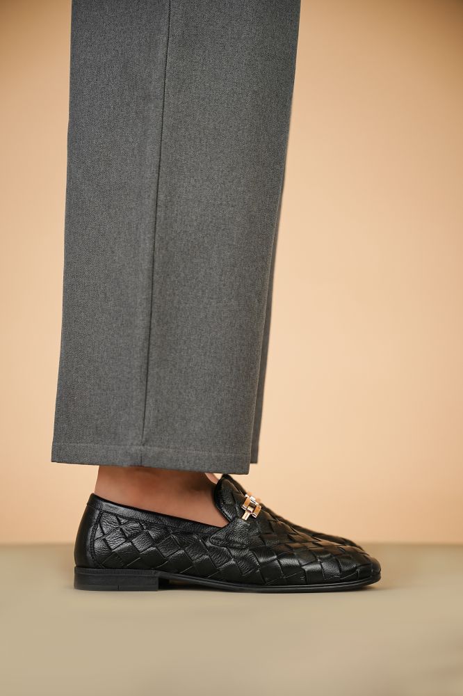 Leather Formal Black Shoes - Logo