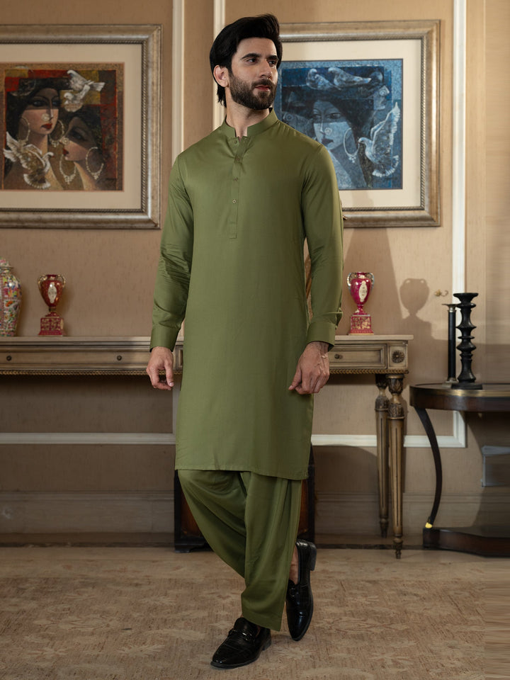Blended Burberry Sedar Green Kurta Trouser - J. Junaid Jamshed
