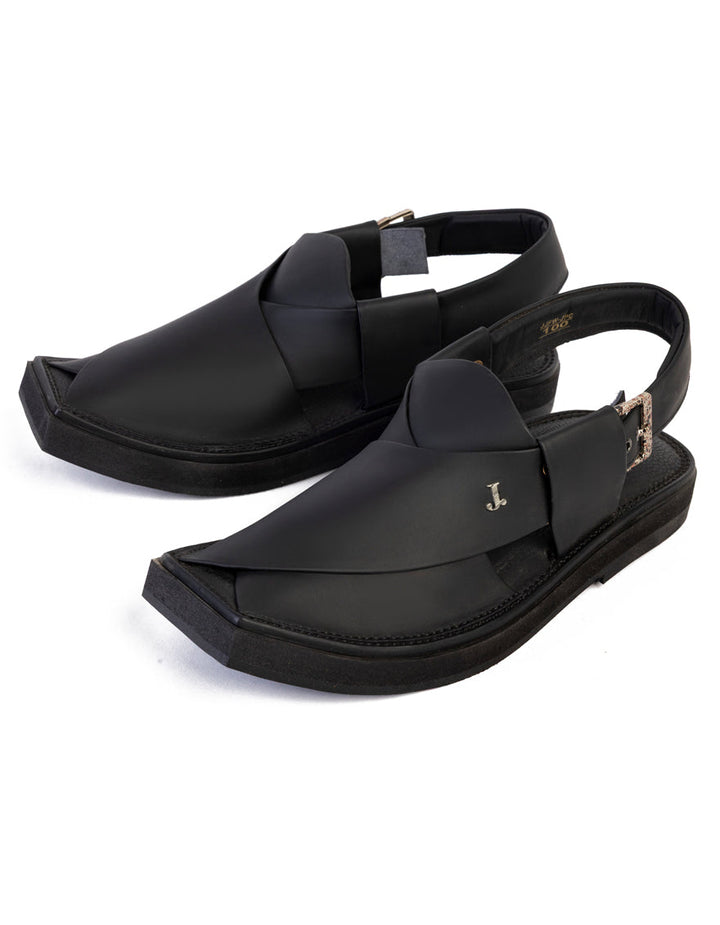 Plain Black Peshawari Chappal - J. Junaid Jamshed
