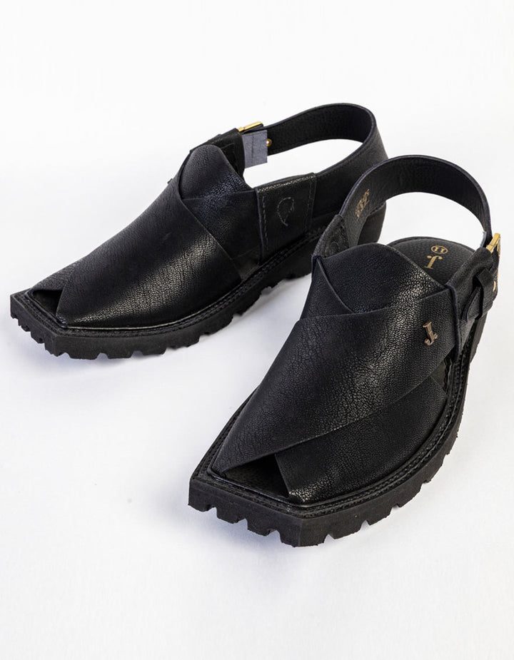 Plain Black Peshawari Chappal - J. Junaid Jamshed