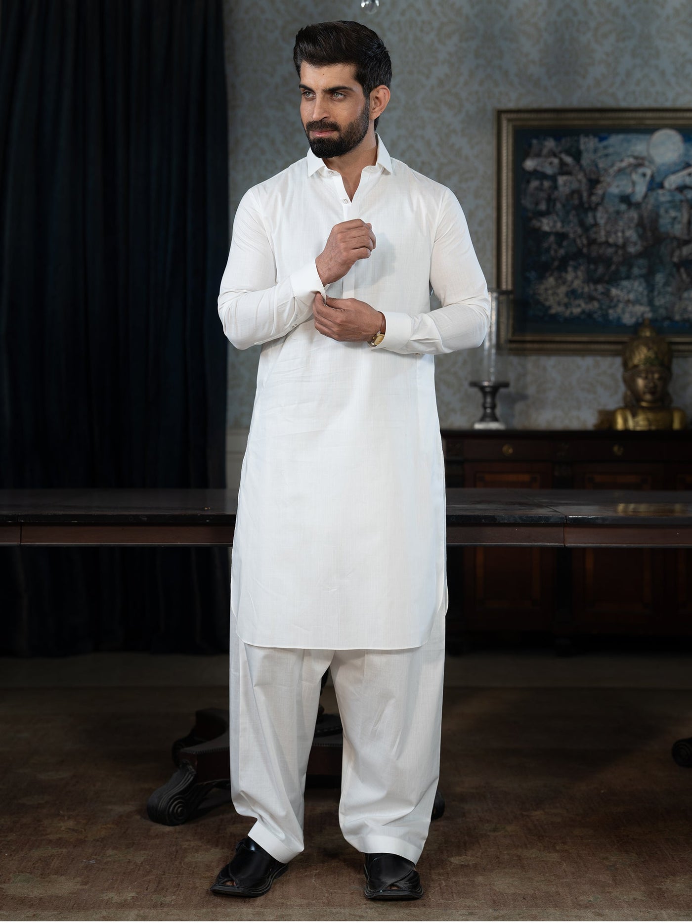 Textured Cotton White Shalwar Kameez - J. Junaid Jamshed