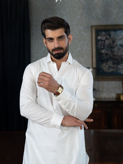 Textured Cotton White Shalwar Kameez - J. Junaid Jamshed