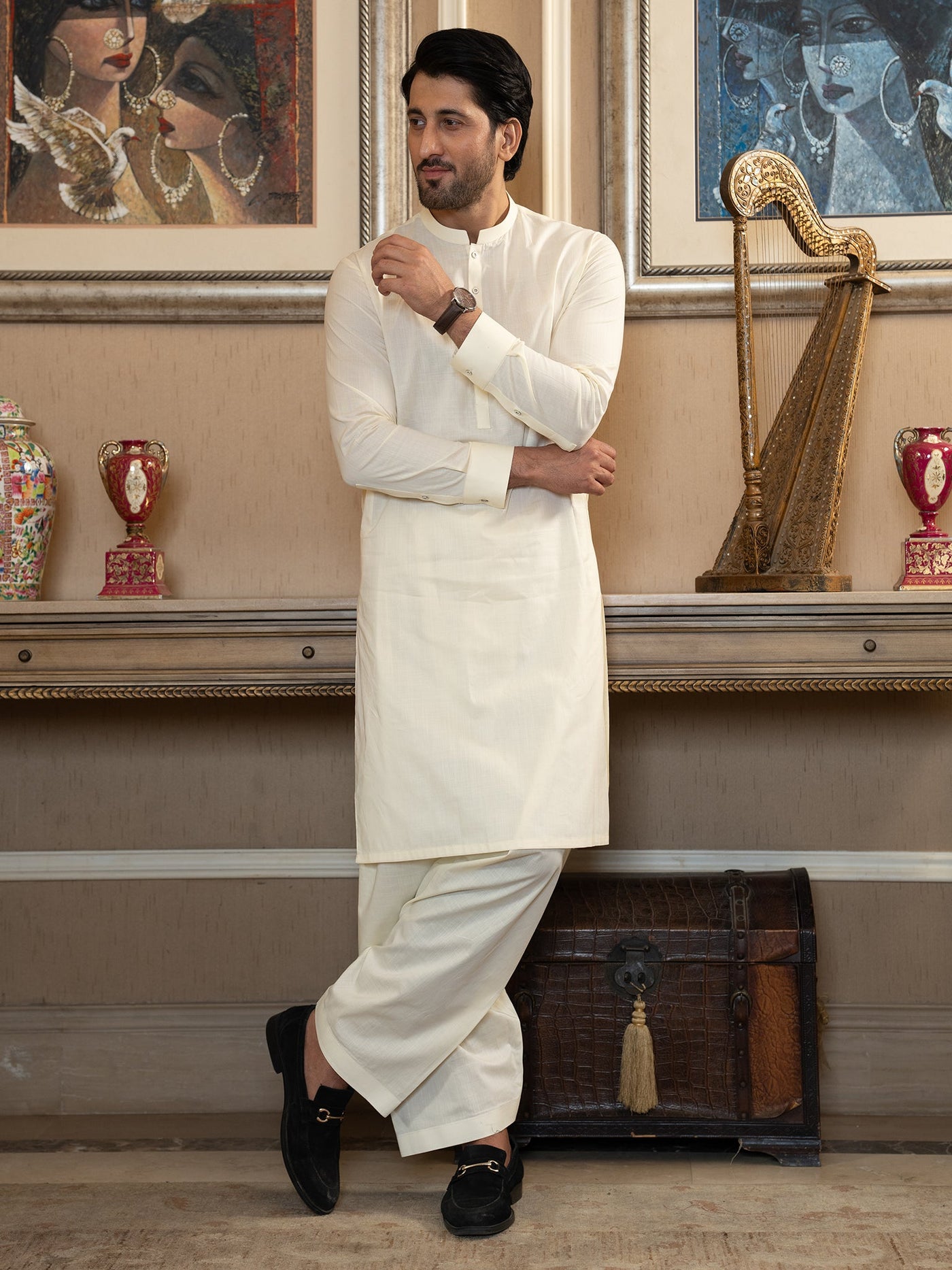 Textured Cotton Cream Shalwar Kameez - J. Junaid Jamshed