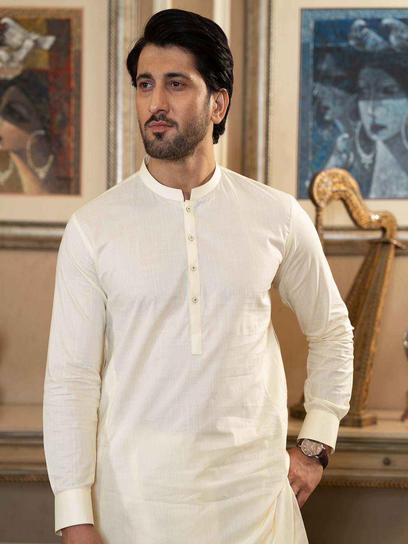 Textured Cotton Cream Shalwar Kameez - J. Junaid Jamshed