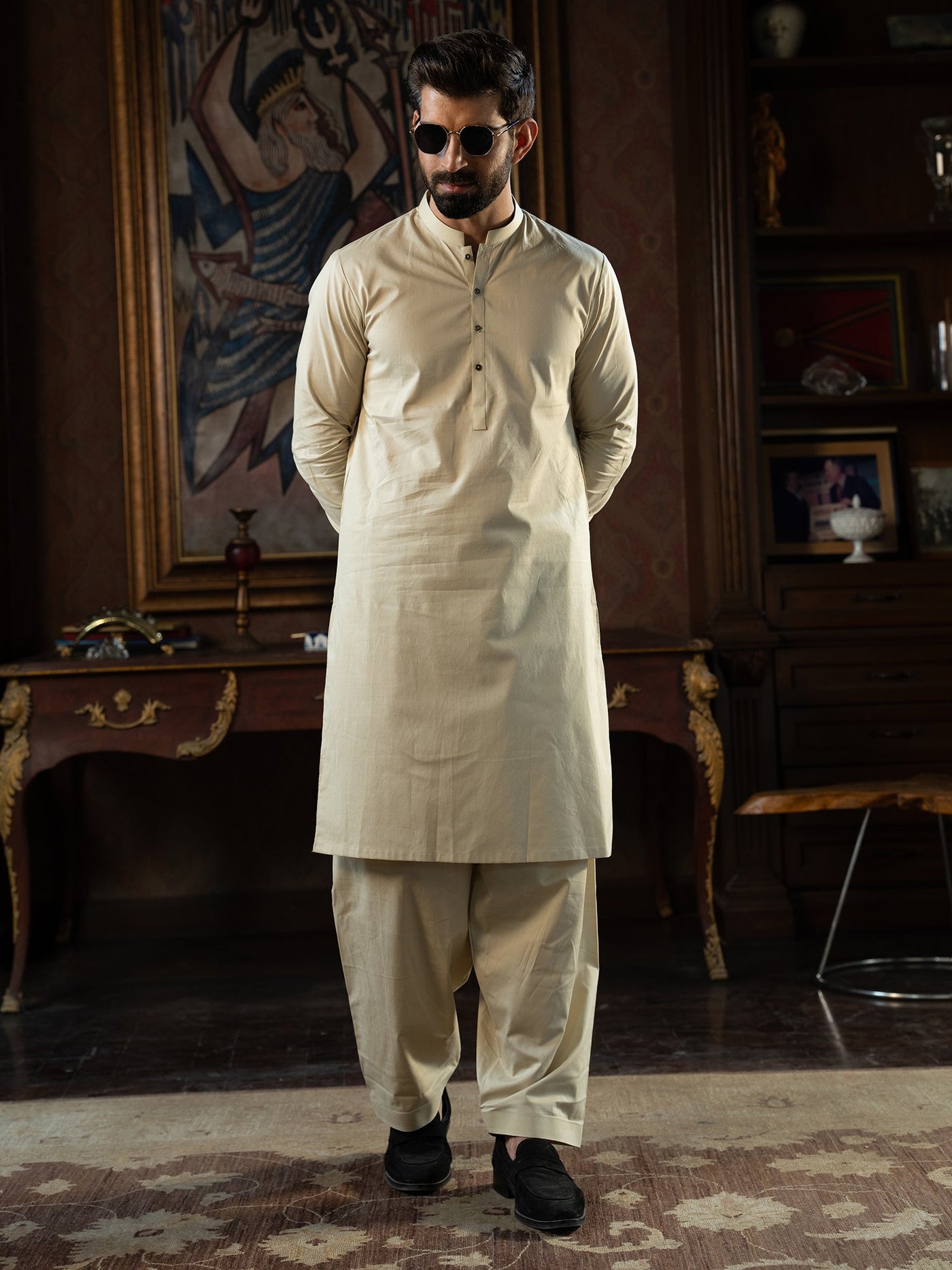Textured Cotton Cream Kurta Trouser - J. Junaid Jamshed