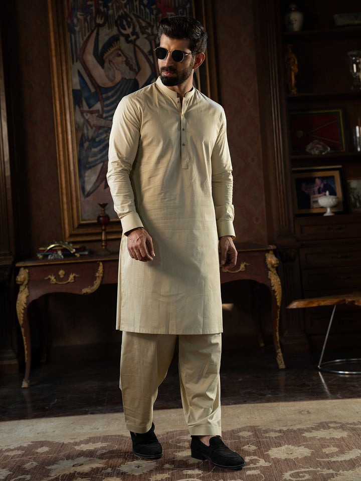 Textured Cotton Cream Kurta Trouser - J. Junaid Jamshed