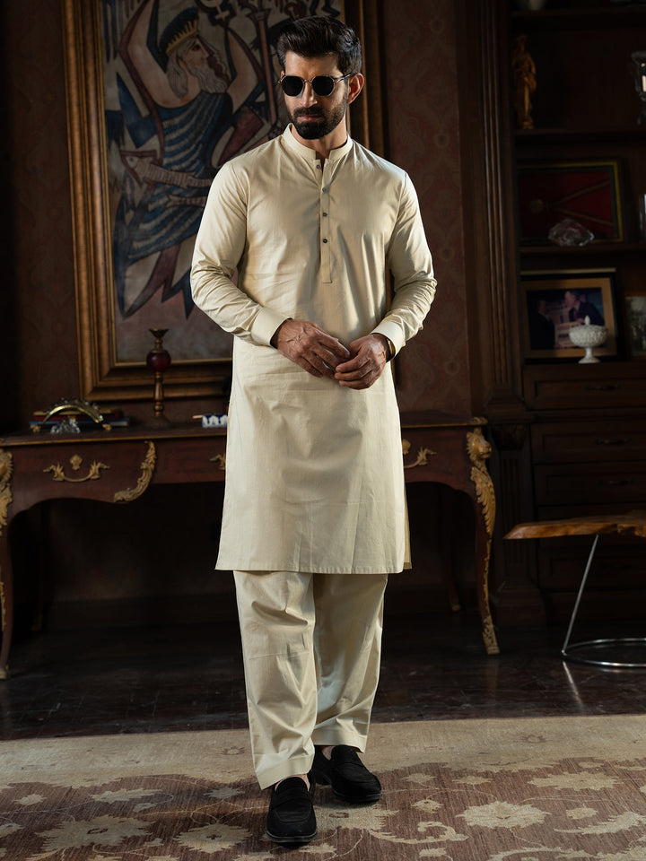 Textured Cotton Cream Kurta Trouser - J. Junaid Jamshed