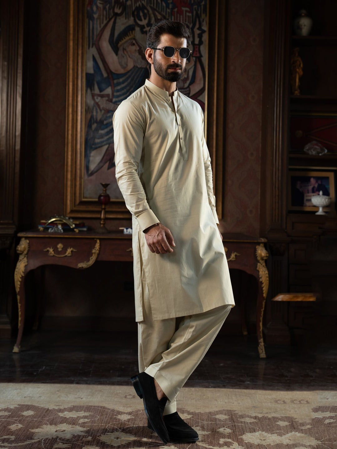 Textured Cotton Cream Kurta Trouser - J. Junaid Jamshed