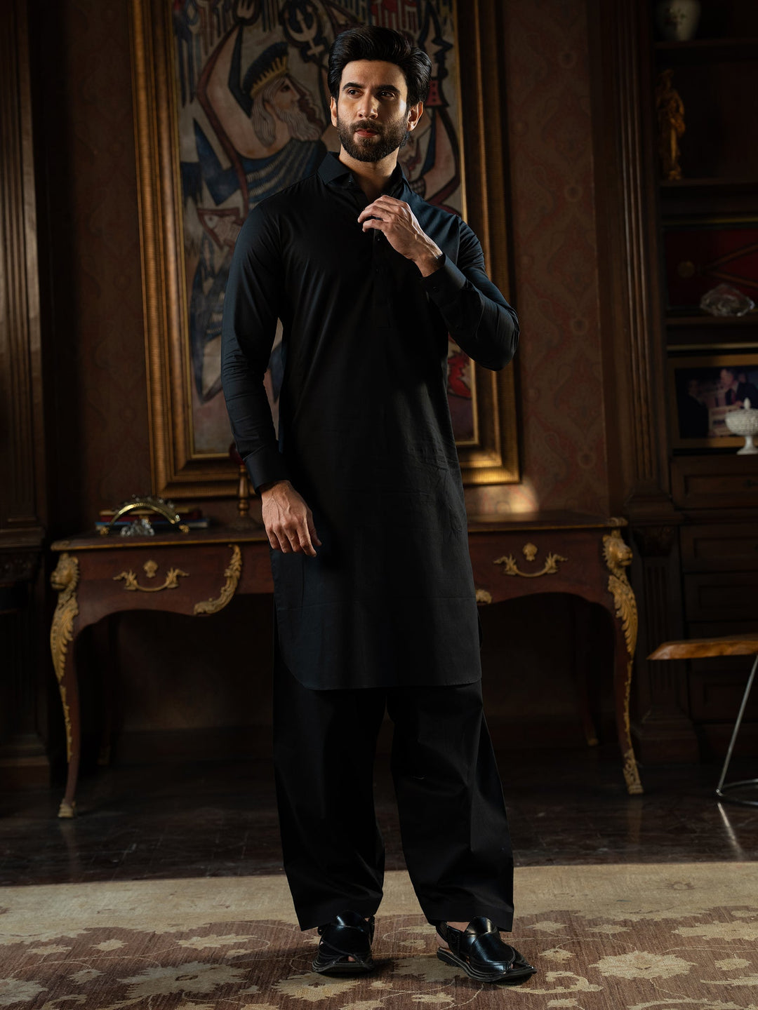 Textured Cotton Black Kurta Trouser - J. Junaid Jamshed