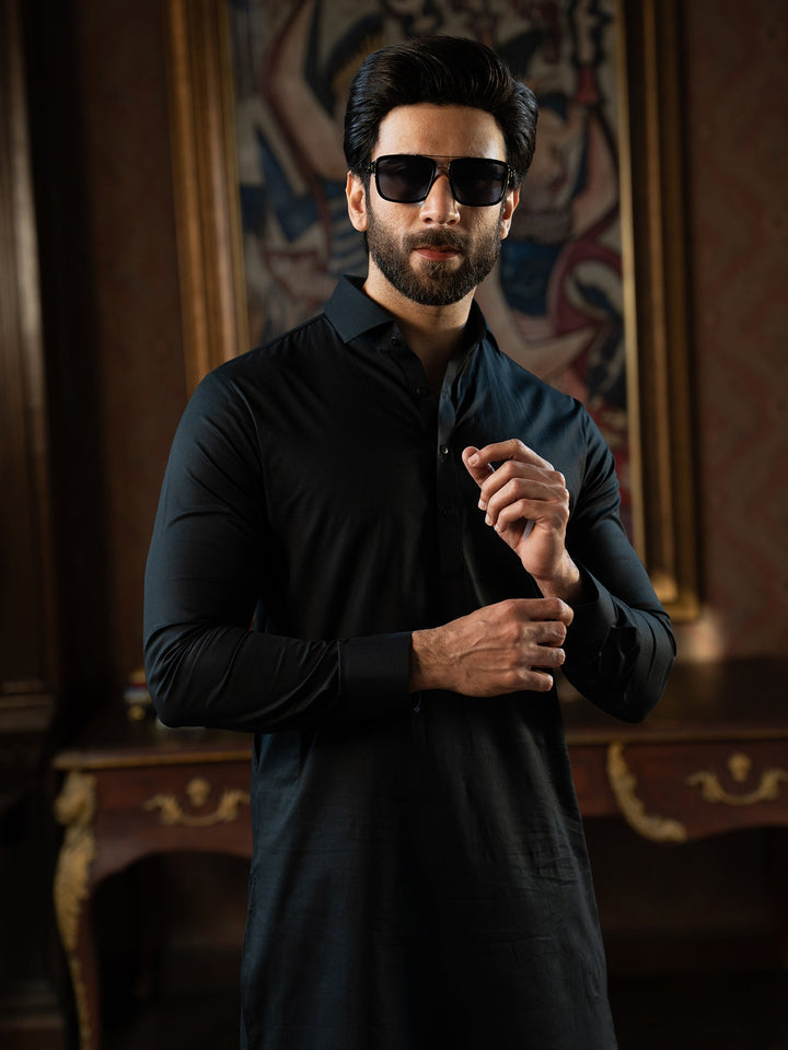 Textured Cotton Black Kurta Trouser - J. Junaid Jamshed