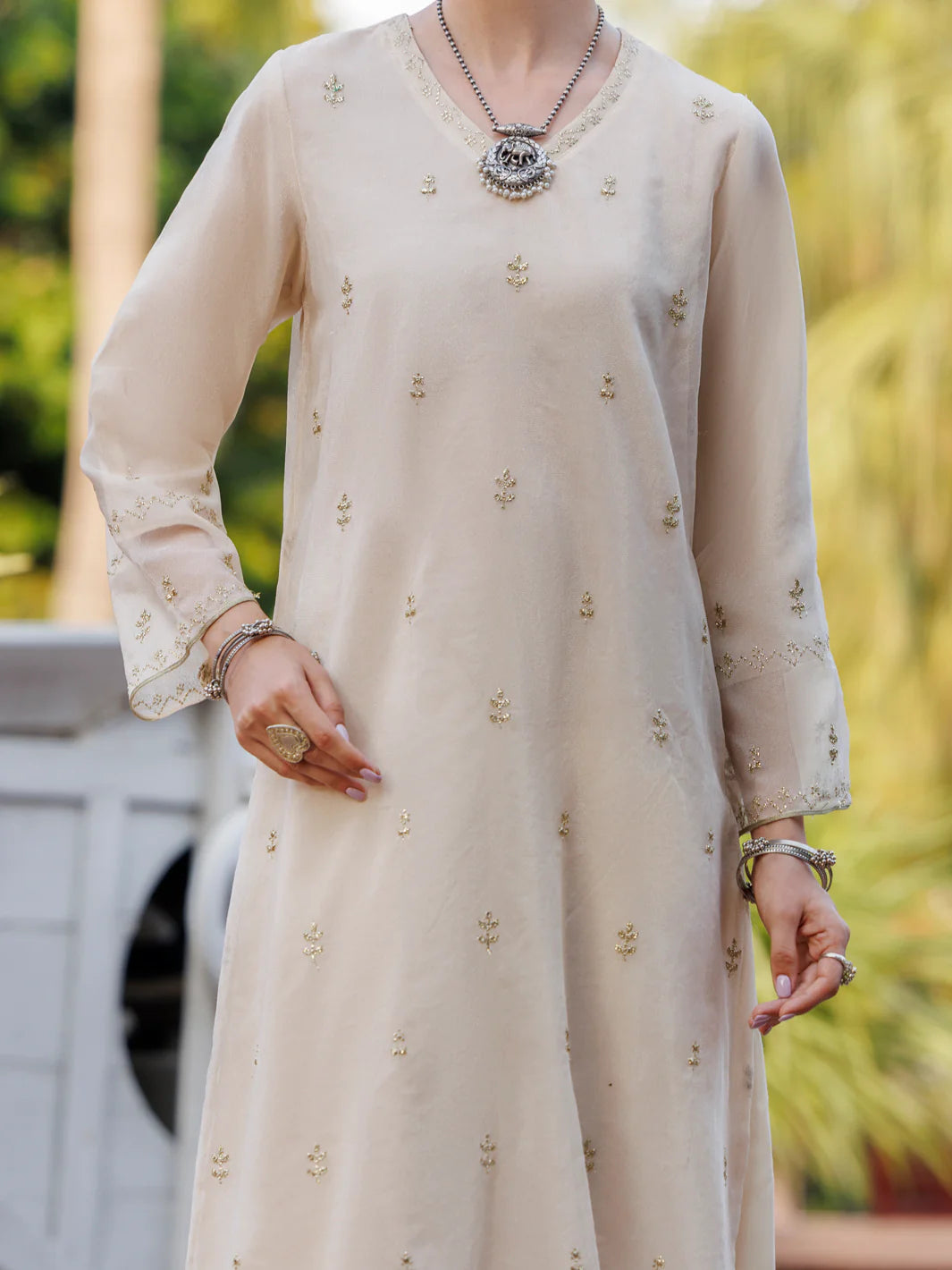 Khaddi Net Off White Kurti - J. Junaid Jamshed