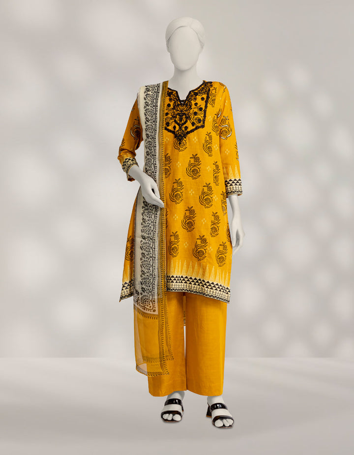Cambric Mustard Stitched Suit - J. Junaid Jamshed