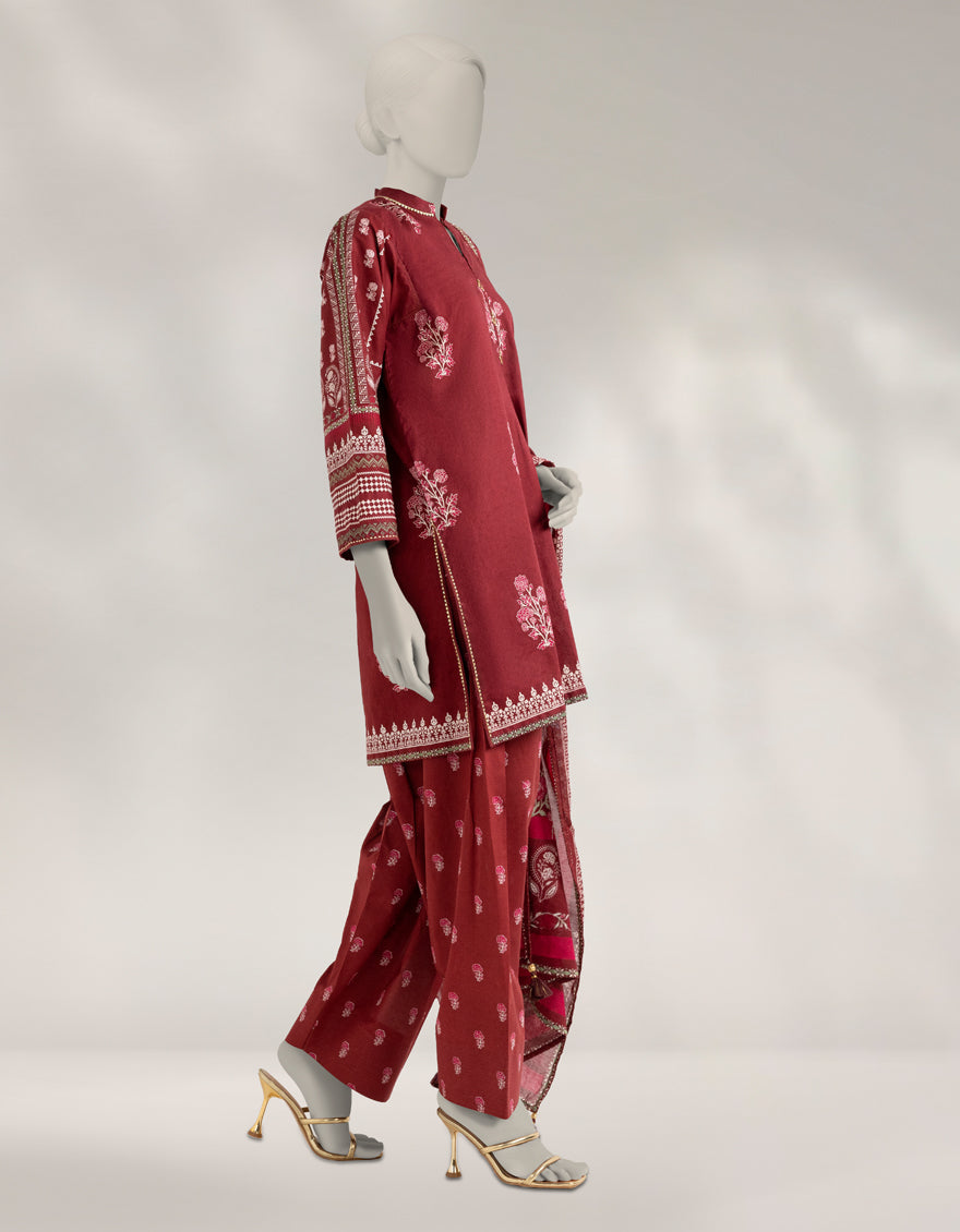 Cambric Maroon Stitched Suit - J. Junaid Jamshed