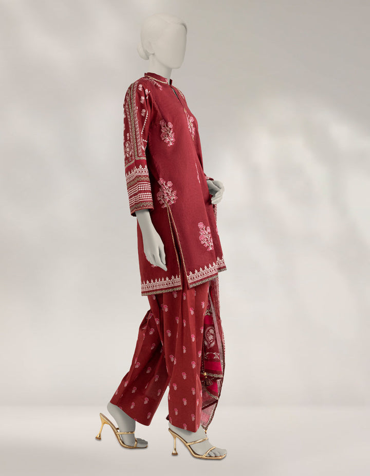 Cambric Maroon Stitched Suit - J. Junaid Jamshed