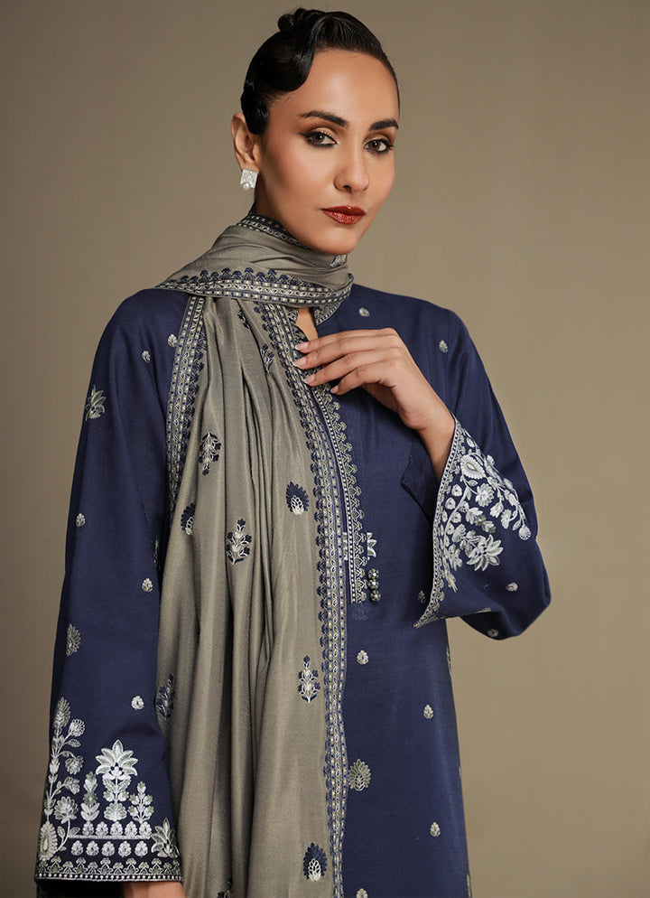 Khaddar/Acrylic Shawl Blue Stitched Suit - Image