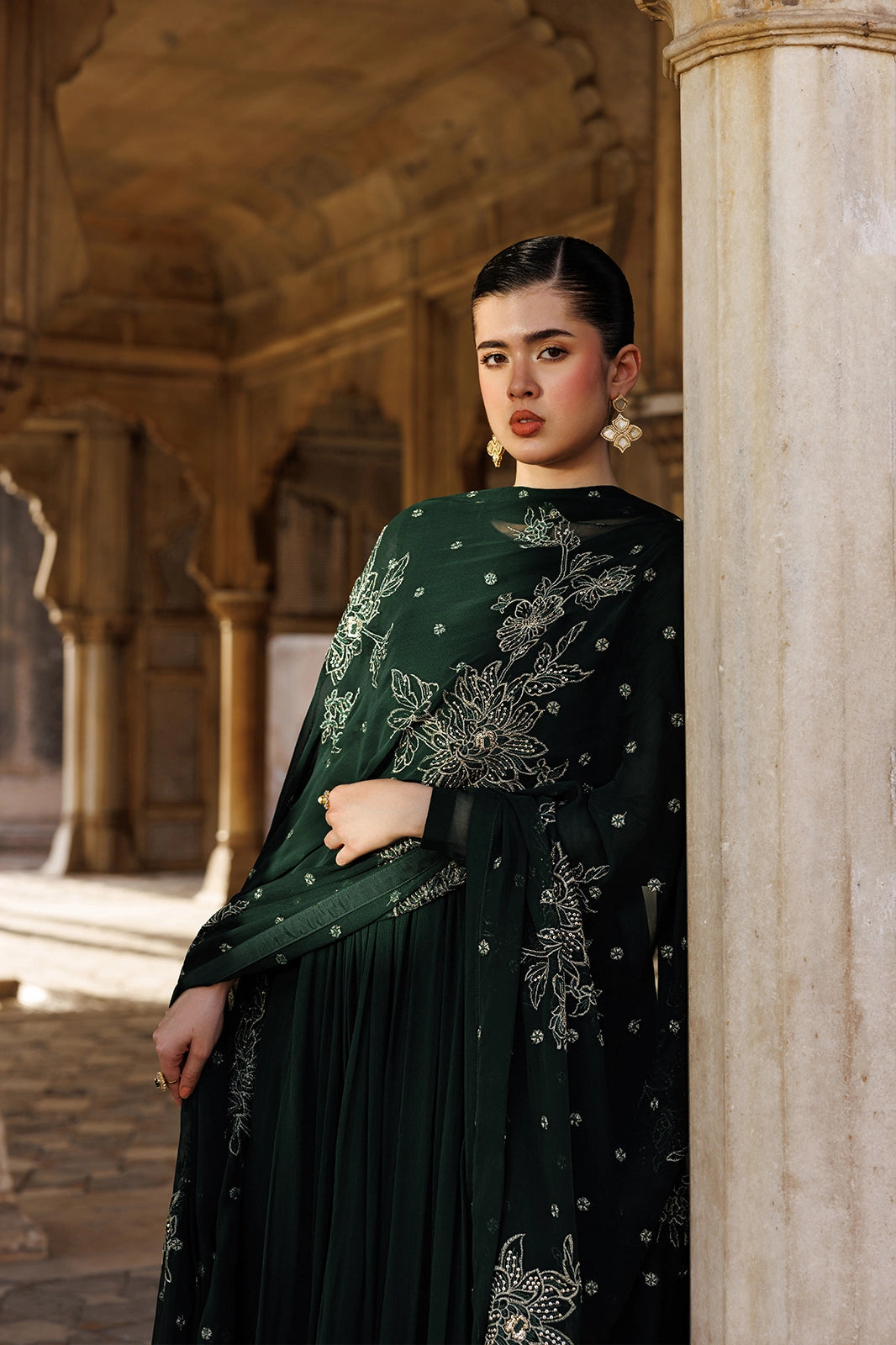 Chiffon Bottle Green Stitched Suit - Vanya