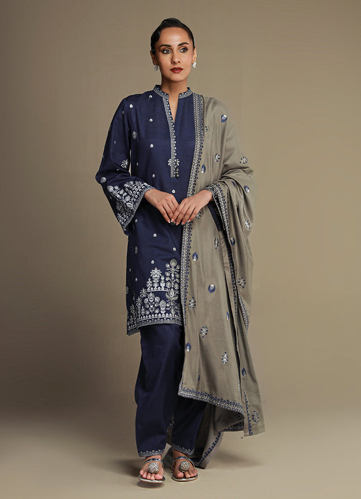 Khaddar/Acrylic Shawl Blue Stitched Suit - Image