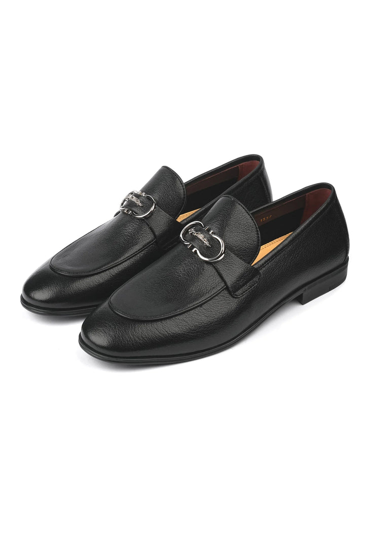 Leather Formal Black Shoes - Logo