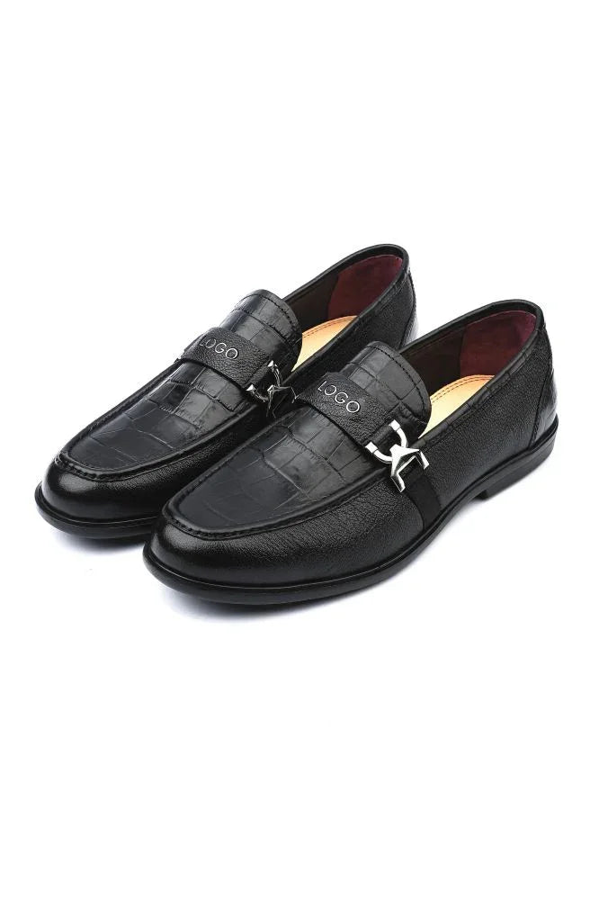 Leather Formal Black Shoes - Logo