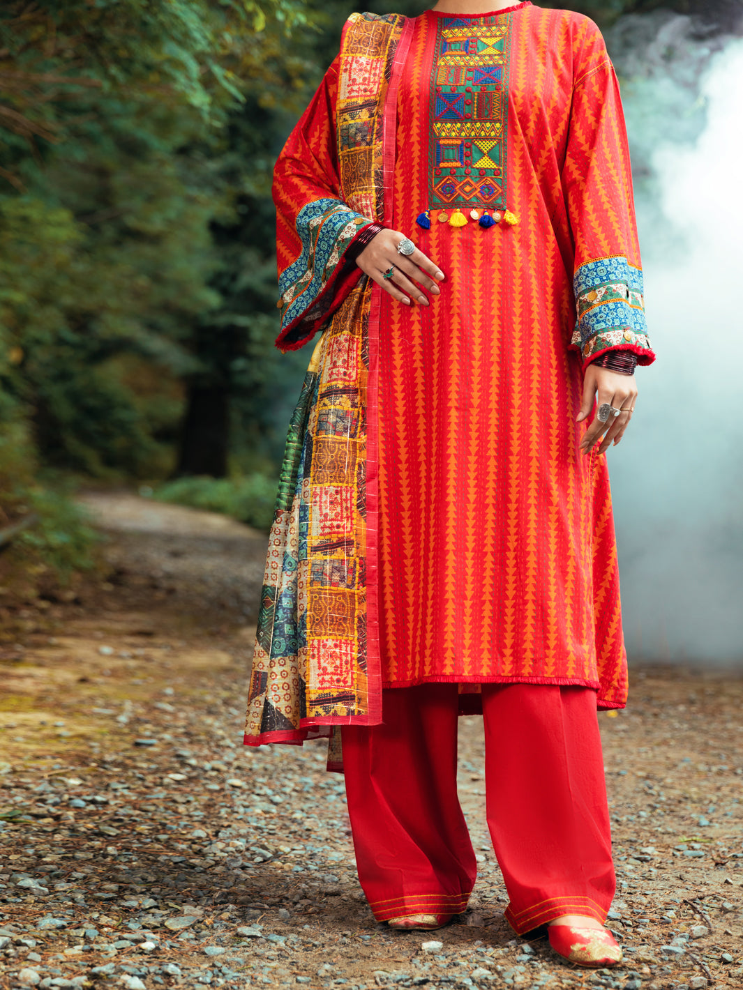 Cambric Red Stitched Suit - Almirah