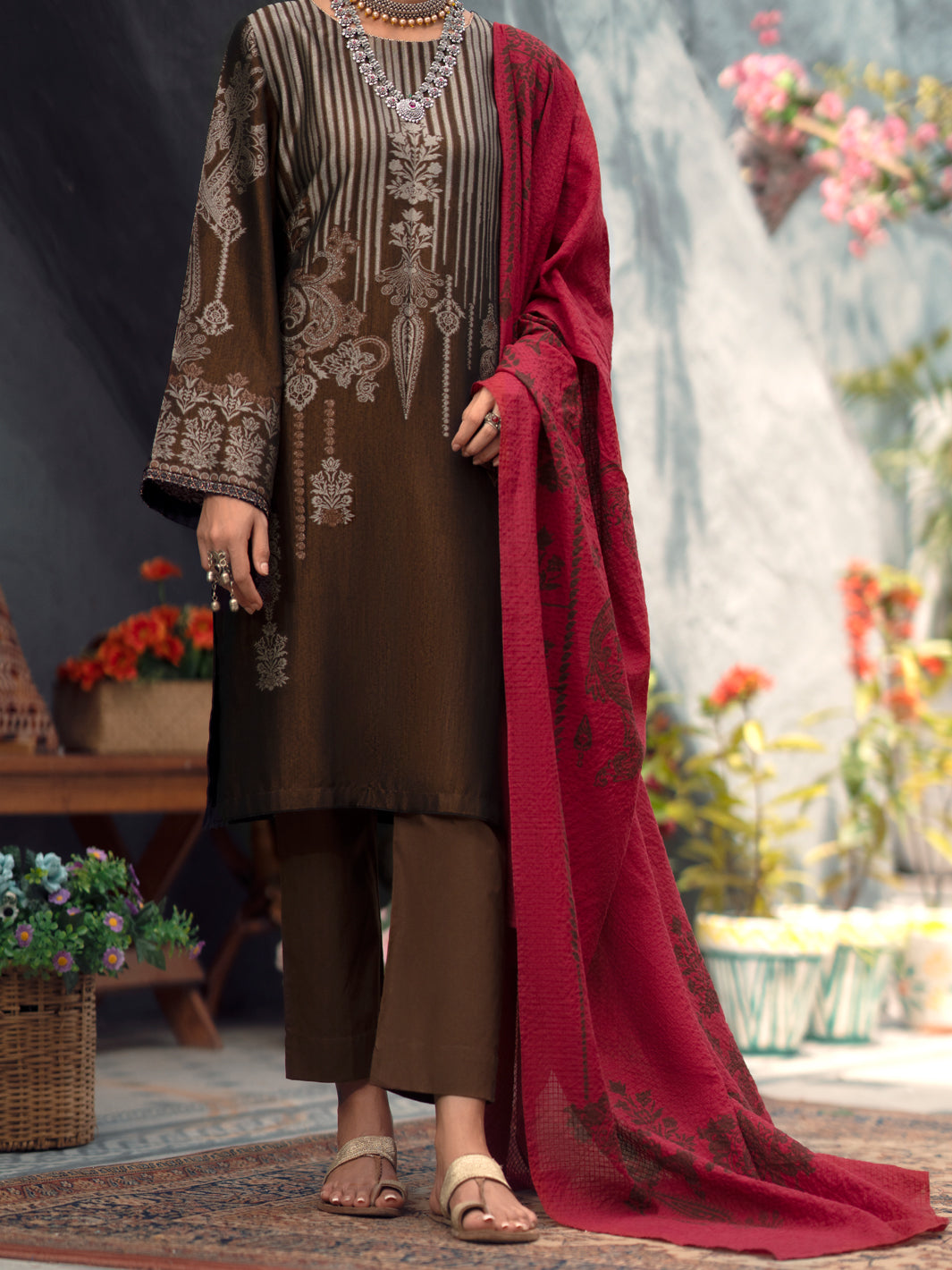 Yarn Dyed Brown Stitched Suit - Almirah