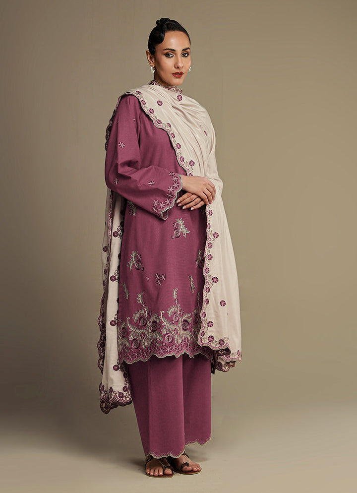 Khaddar/Acrylic Shawl Beige Stitched Suit - Image