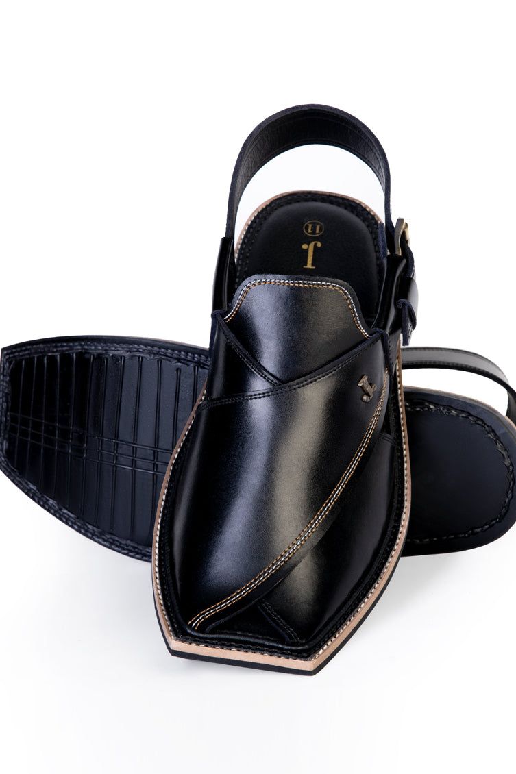 Plain Black Peshawari Chappal - J. Junaid Jamshed