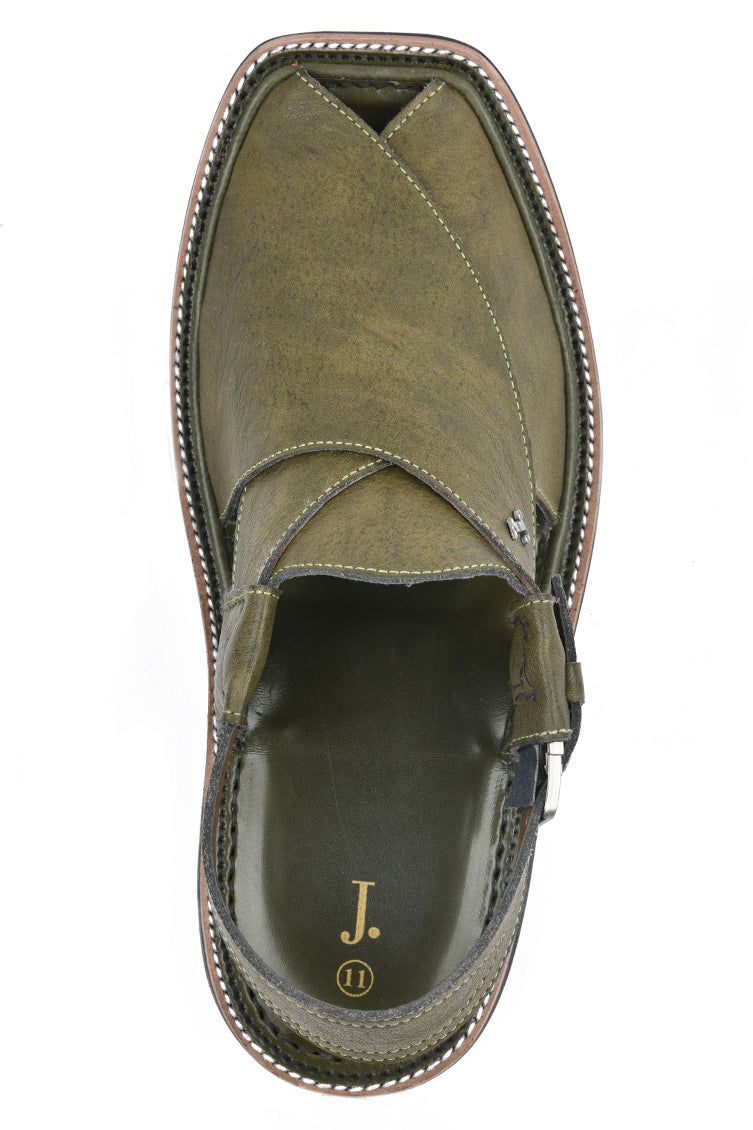 Plain Green Peshawari Chappal - J. Junaid Jamshed