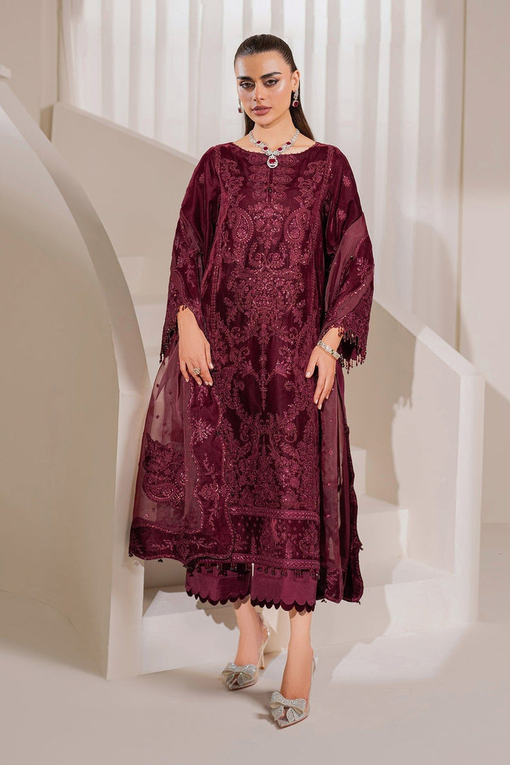 Embroidered Velvet Maroon Stitched Suit - Baroque