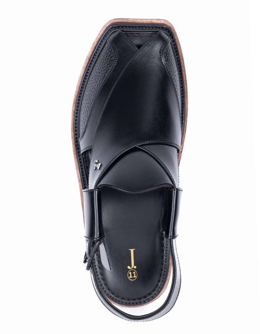 Plain Black Peshawari Chappal - J. Junaid Jamshed
