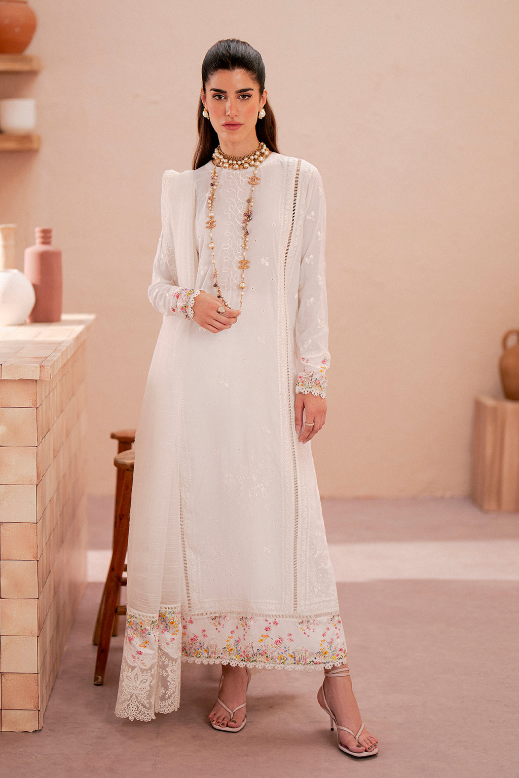 Silk Lawn & Cotton Net White Stitched Luxury Suit - Vanya