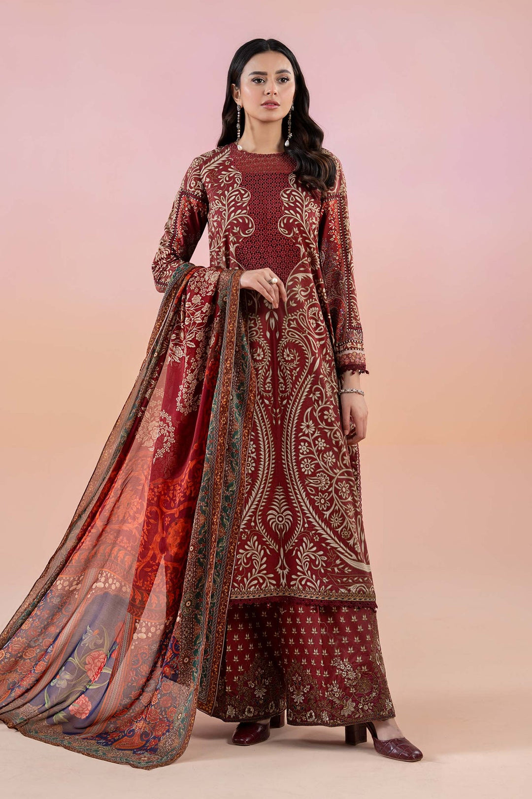 Printed Lawn Maroon Stitched Suit - Maria B M Prints