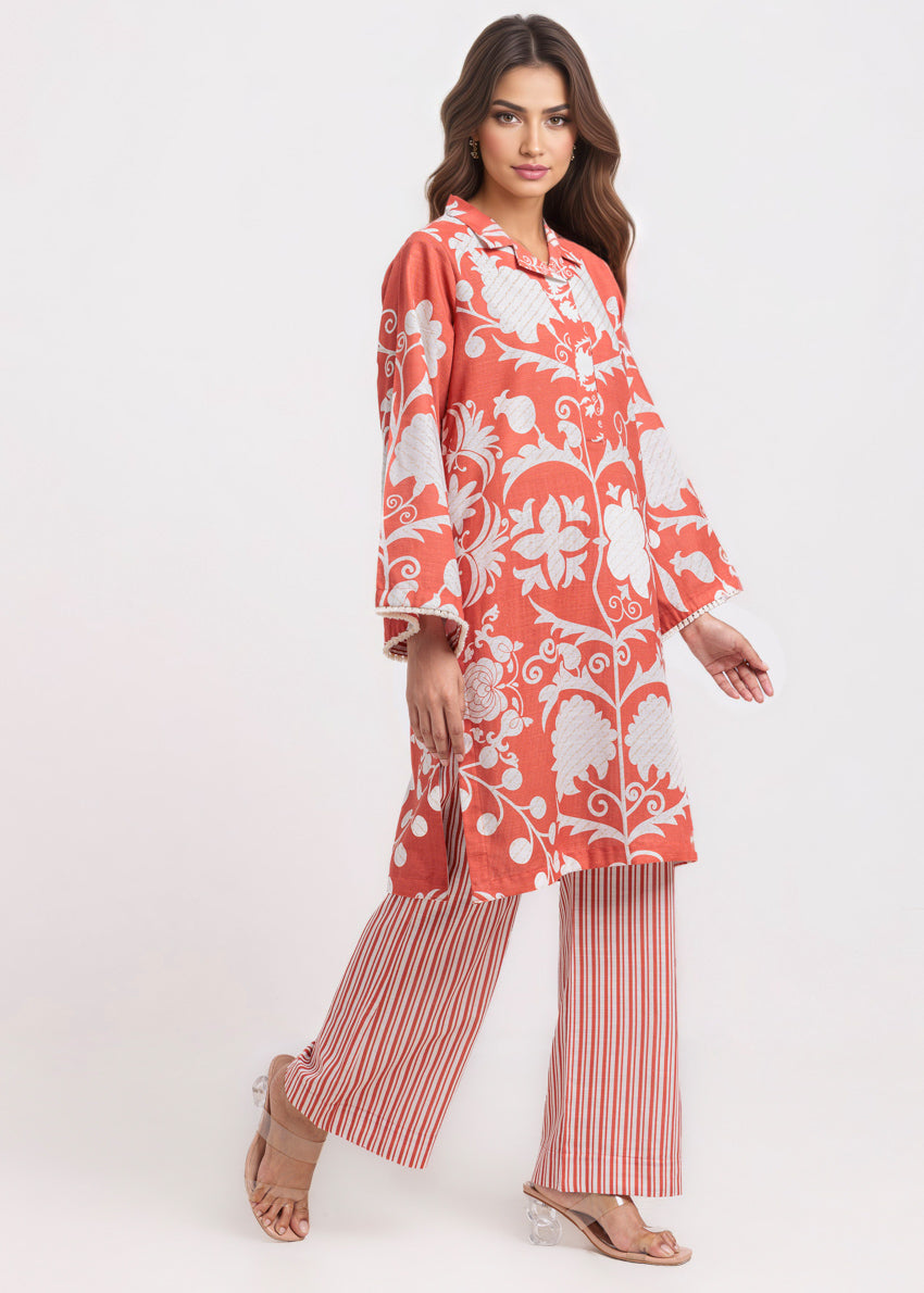 Khaddar Orange Stitched Suit - Bonanza