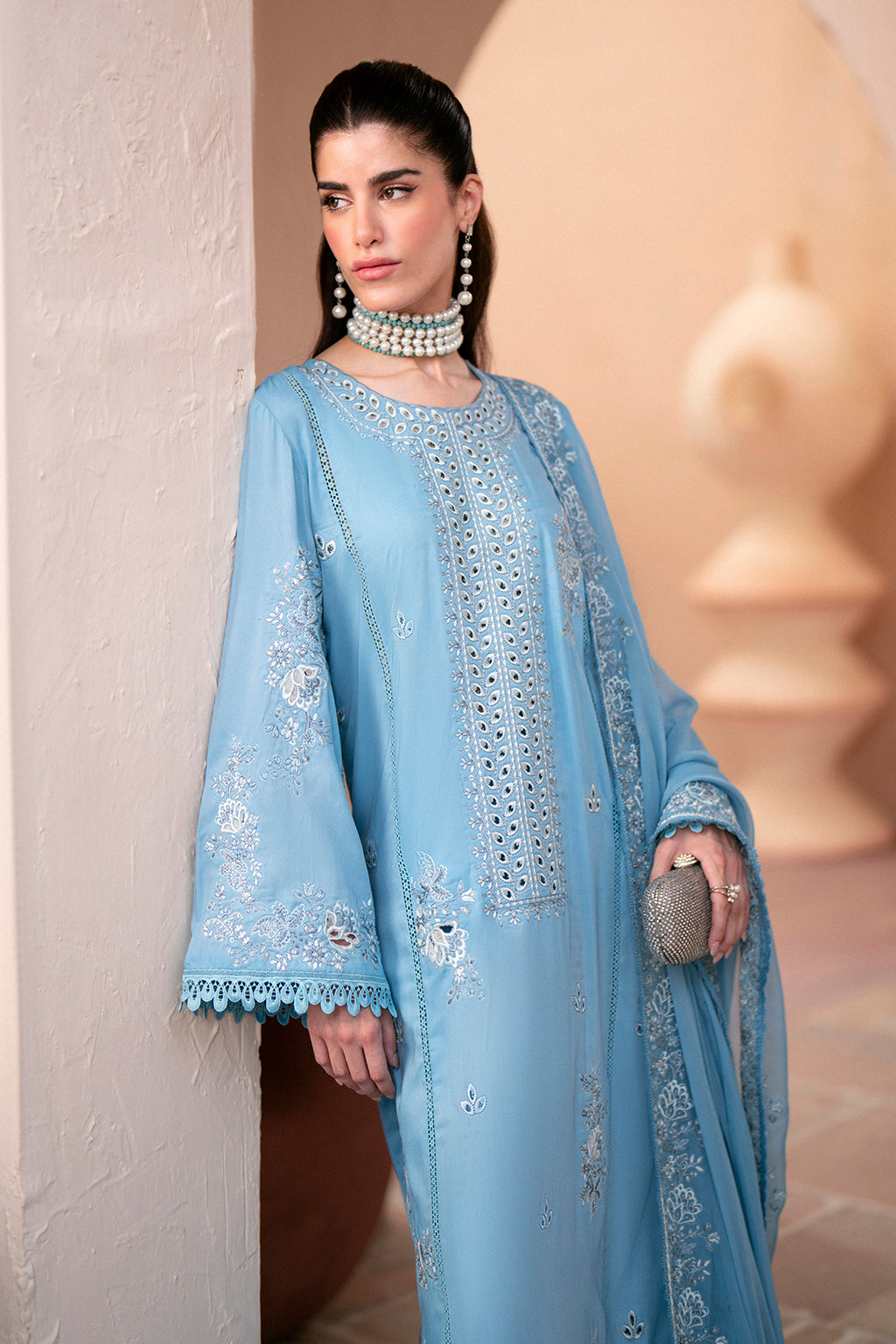 Silk Lawn & Chiffon Sky Blue Stitched Luxury Suit - Vanya