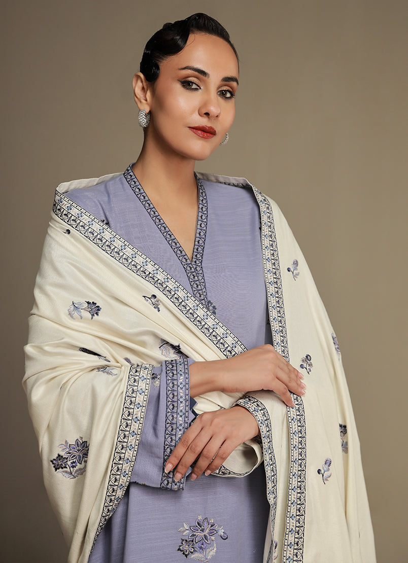 Khaddar/Acrylic Shawl Blue Stitched Suit - Image