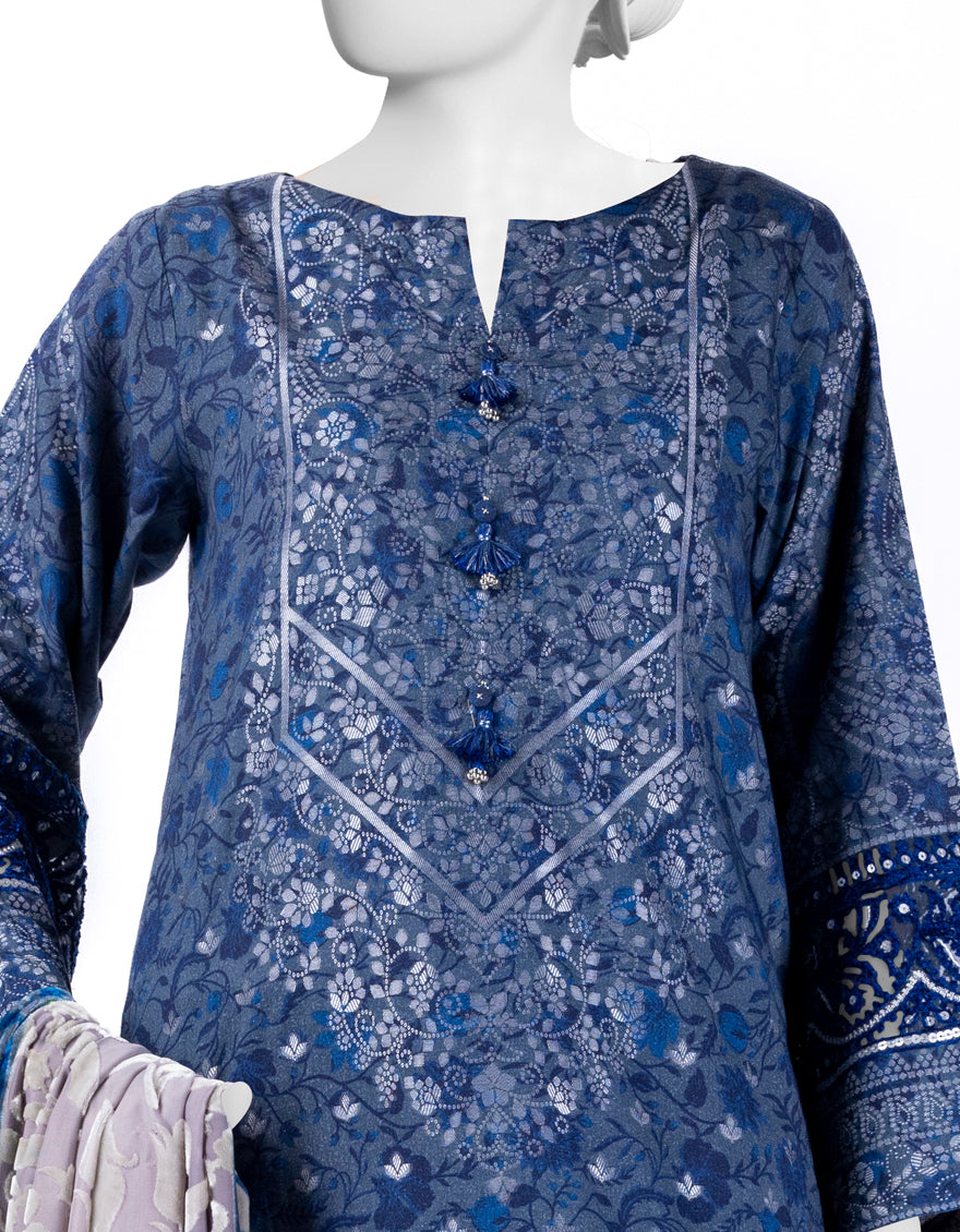 Jacquard Blue Stitched Suit - J. Junaid Jamshed