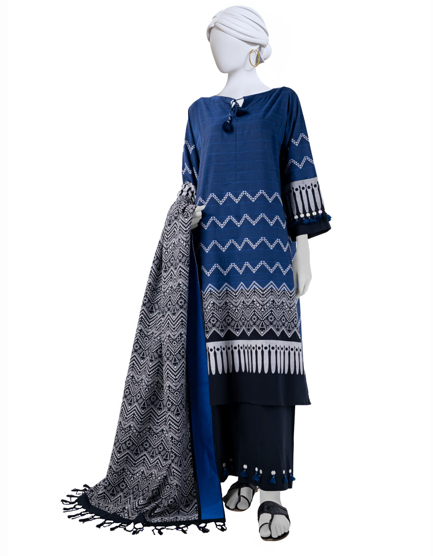 Yar Dyed Jacquard Blue Unstitched Suit - J. Junaid Jamshed