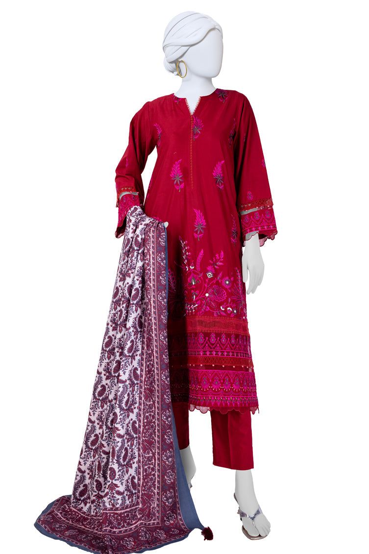 Cambric Maroon Unstitched Suit - J. Junaid Jamshed